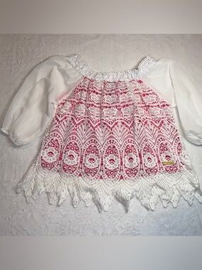 NWT Denimland Pink & White Lace Peasant Top with Sheer Chiffon Sleeves Boho - S
